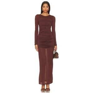 L'Academie Alma Dress Brown Long Sleeve Sheer Mesh Ruched Crepe Jersey Sz L